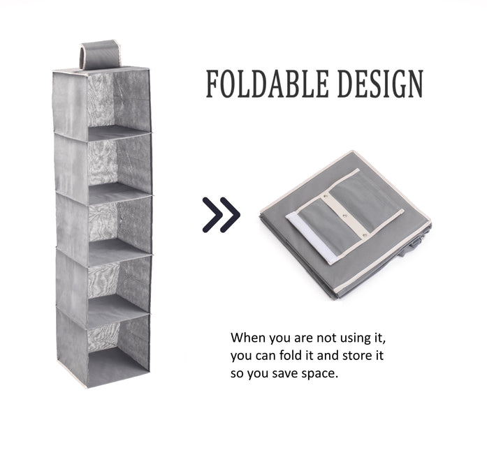 2 Pack 5-Tier Shelf Hanging Closet Organizer and Storage for Clothes (Grey)-1978962242040893443