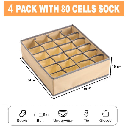 Set of 4 Fabric Drawer Organizer Divider Storage Boxes for Storing Socks, Underwear, Ties, Scarves (Beige)-1978962242904920066