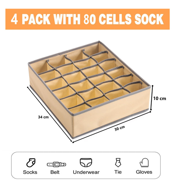 Set of 4 Fabric Drawer Organizer Divider Storage Boxes for Storing Socks, Underwear, Ties, Scarves (Beige)-1978962242904920066