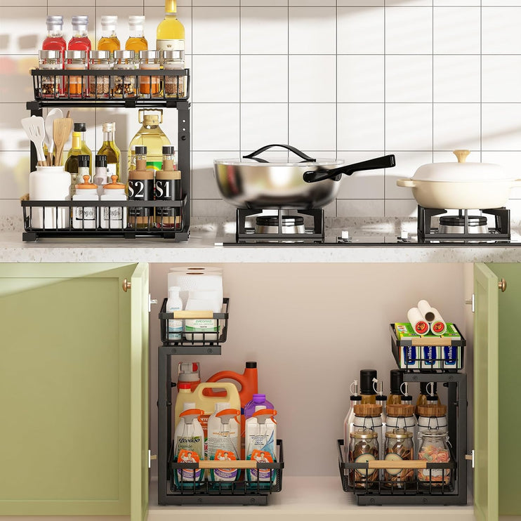 CARLA HOME 2-Tier Kitchen Under Sink Organiser Storage with Height Adjustable, Unique Slide Rail & Suction Cups for Storage-1978962245798989825