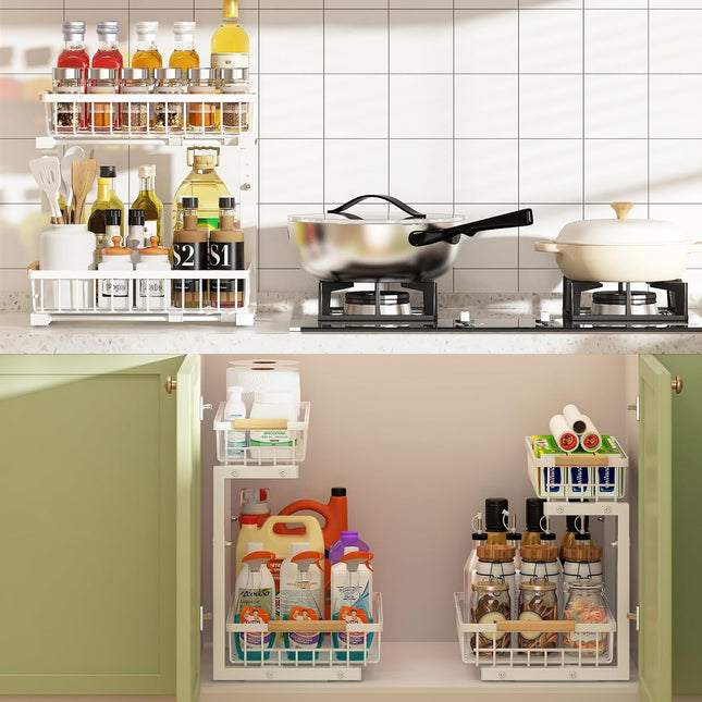 CARLA HOME 2-Tier Kitchen Under Sink Organiser Storage with Height Adjustable, Unique Slide Rail & Suction Cups for Storage-1978962246029676545