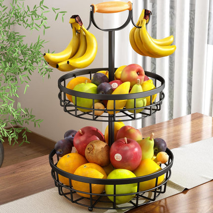 CARLA HOME 2-Tier Fruit Basket Bowl Storage with Wood Lift Handle and Dual Banana Tree Hanger for Kitchen Countertop-1978962246541381632