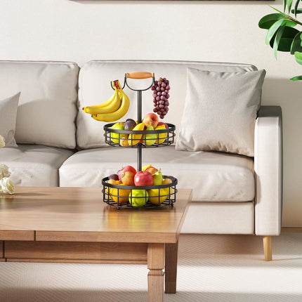 CARLA HOME 2-Tier Fruit Basket Bowl Storage with Wood Lift Handle and Dual Banana Tree Hanger for Kitchen Countertop-1978962246541381633