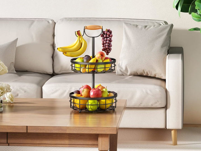 CARLA HOME 2-Tier Fruit Basket Bowl Storage with Wood Lift Handle and Dual Banana Tree Hanger for Kitchen Countertop-1978962246541381633