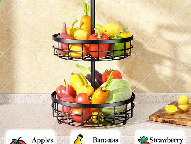 CARLA HOME 2-Tier Fruit Basket Bowl Storage with Wood Lift Handle and Dual Banana Tree Hanger for Kitchen Countertop-1978962246541381634