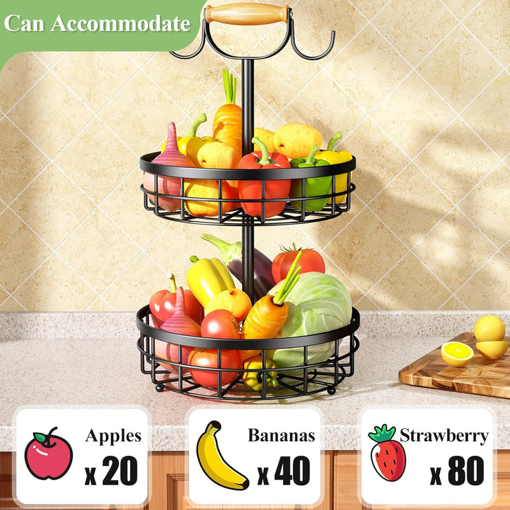 CARLA HOME 2-Tier Fruit Basket Bowl Storage with Wood Lift Handle and Dual Banana Tree Hanger for Kitchen Countertop-1978962246541381634