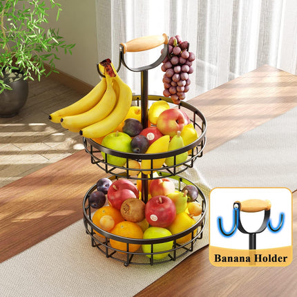 CARLA HOME 2-Tier Fruit Basket Bowl Storage with Wood Lift Handle and Dual Banana Tree Hanger for Kitchen Countertop-1978962246541381635