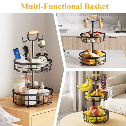 CARLA HOME 2-Tier Fruit Basket Bowl Storage with Wood Lift Handle and Dual Banana Tree Hanger for Kitchen Countertop-1978962246541381636
