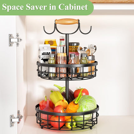 CARLA HOME 2-Tier Fruit Basket Bowl Storage with Wood Lift Handle and Dual Banana Tree Hanger for Kitchen Countertop-1978962246541381637