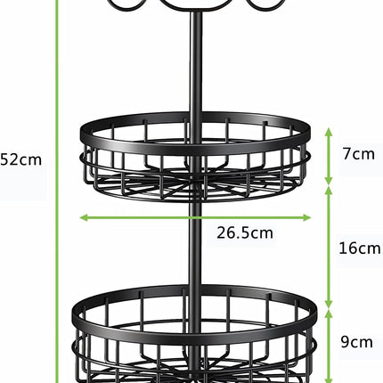 CARLA HOME 2-Tier Fruit Basket Bowl Storage with Wood Lift Handle and Dual Banana Tree Hanger for Kitchen Countertop-1978962246541381639
