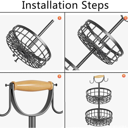 CARLA HOME 2-Tier Fruit Basket Bowl Storage with Wood Lift Handle and Dual Banana Tree Hanger for Kitchen Countertop-1978962246541381640