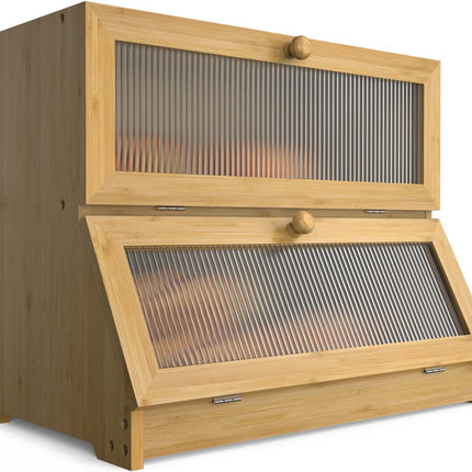 CARLA HOME Double Layer Bamboo Bread Box for Kitchen Counter with Large Capacity and Clear Window-1978962246721736704