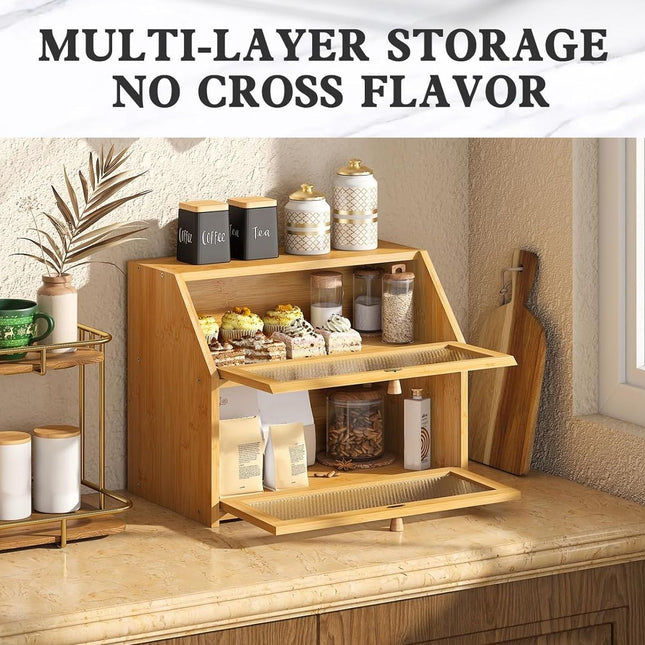 CARLA HOME Double Layer Bamboo Bread Box for Kitchen Counter with Large Capacity and Clear Window-1978962246721736706