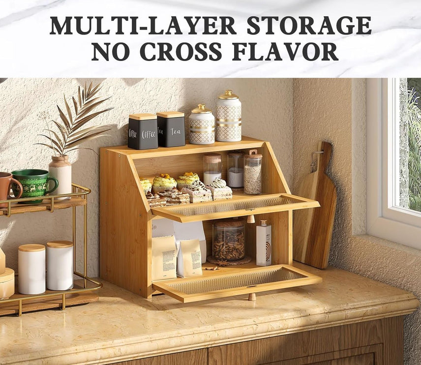 CARLA HOME Double Layer Bamboo Bread Box for Kitchen Counter with Large Capacity and Clear Window-1978962246721736706