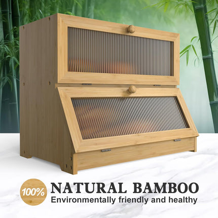 CARLA HOME Double Layer Bamboo Bread Box for Kitchen Counter with Large Capacity and Clear Window-1978962246721736707