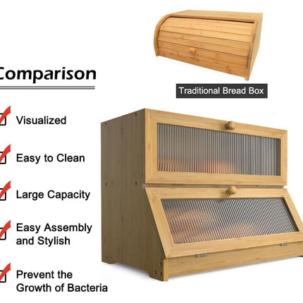 CARLA HOME Double Layer Bamboo Bread Box for Kitchen Counter with Large Capacity and Clear Window-1978962246721736710