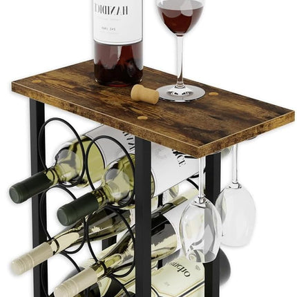 CARLA HOME Wine Rack Countertop Wooden & Metal Holder for 6 Bottles & 2 Glasses-1978962247061475328