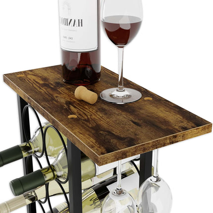 CARLA HOME Wine Rack Countertop Wooden & Metal Holder for 6 Bottles & 2 Glasses-1978962247061475329