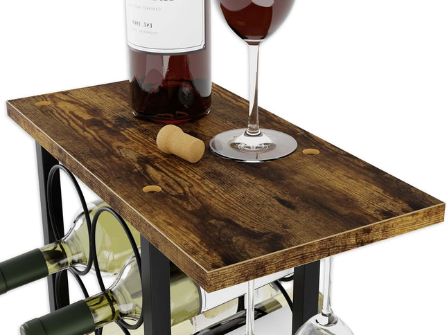 CARLA HOME Wine Rack Countertop Wooden & Metal Holder for 6 Bottles & 2 Glasses-1978962247061475329