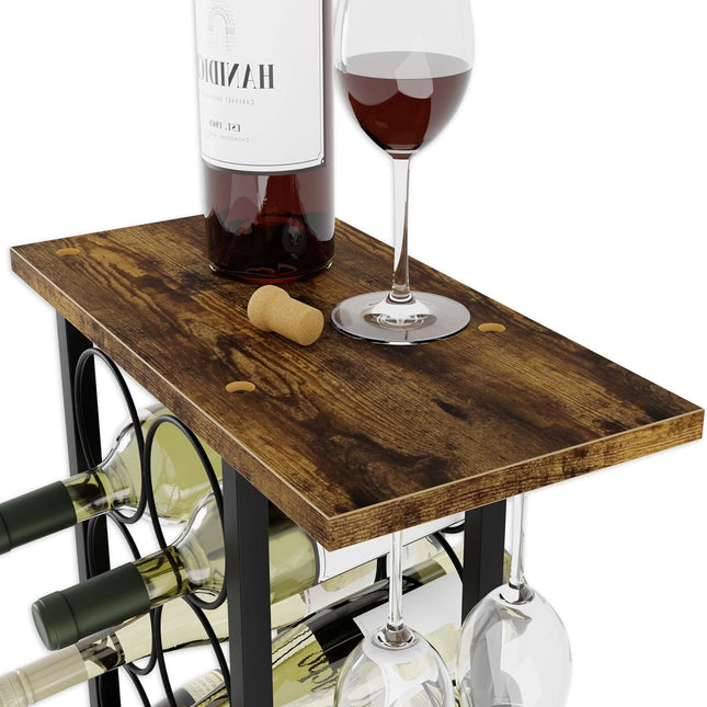CARLA HOME Wine Rack Countertop Wooden & Metal Holder for 6 Bottles & 2 Glasses-1978962247061475329