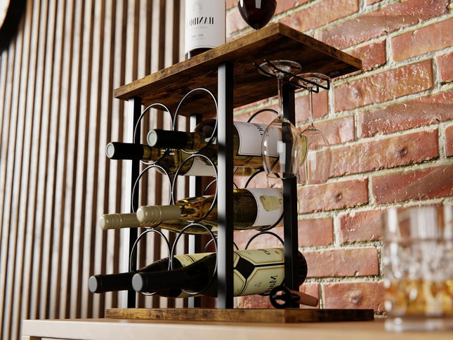 CARLA HOME Wine Rack Countertop Wooden & Metal Holder for 6 Bottles & 2 Glasses-1978962247061475330