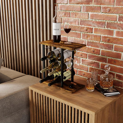 CARLA HOME Wine Rack Countertop Wooden & Metal Holder for 6 Bottles & 2 Glasses-1978962247061475331