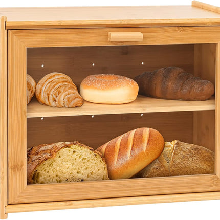 CARLA HOME Double Layer Bamboo Bread Box for Kitchen Counter with Large Capacity and Transparent Window-1978962247577374720