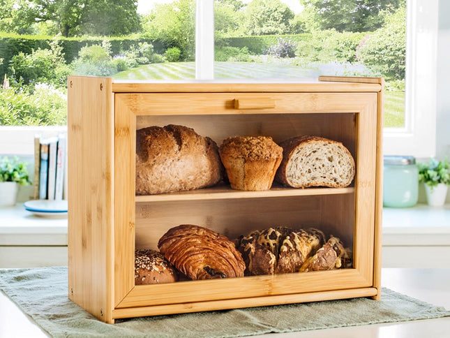 CARLA HOME Double Layer Bamboo Bread Box for Kitchen Counter with Large Capacity and Transparent Window-1978962247577374721