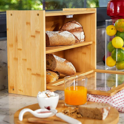 CARLA HOME Double Layer Bamboo Bread Box for Kitchen Counter with Large Capacity and Transparent Window-1978962247577374728