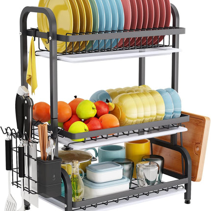CARLA HOME Dish Drying Rack 3 Tier Large Capacity Kitchen Storage with Utensil and Cutting Board Holder-1978962249796161536