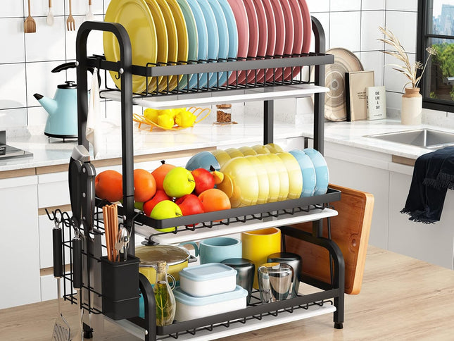 CARLA HOME Dish Drying Rack 3 Tier Large Capacity Kitchen Storage with Utensil and Cutting Board Holder-1978962249796161537