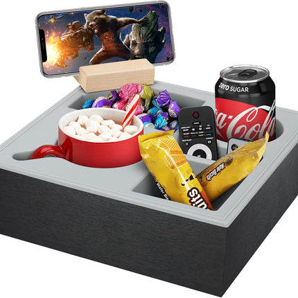 CARLA HOME Wooden Couch Cup Holder Tray with Soft Silicone & Rotatable Phone Holder for Storaging Drinks & Snacks-1978962250844737536