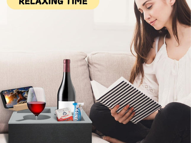CARLA HOME Wooden Couch Cup Holder Tray with Soft Silicone & Rotatable Phone Holder for Storaging Drinks & Snacks-1978962250844737537