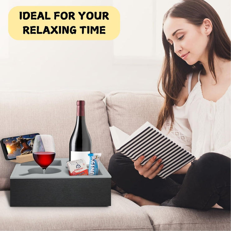 CARLA HOME Wooden Couch Cup Holder Tray with Soft Silicone & Rotatable Phone Holder for Storaging Drinks & Snacks-1978962250844737537