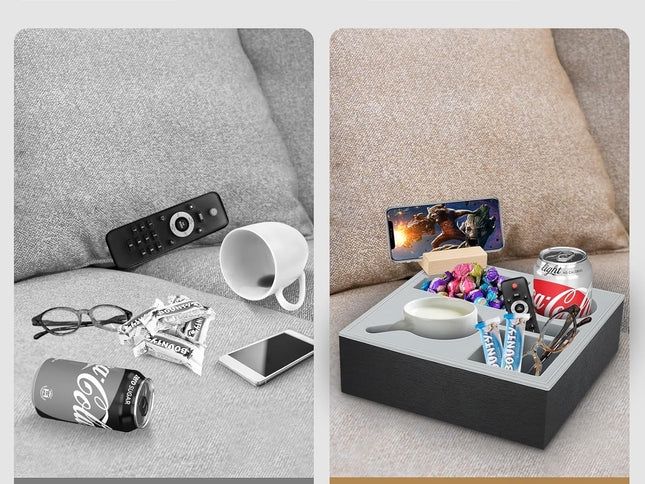 CARLA HOME Wooden Couch Cup Holder Tray with Soft Silicone & Rotatable Phone Holder for Storaging Drinks & Snacks-1978962250844737538