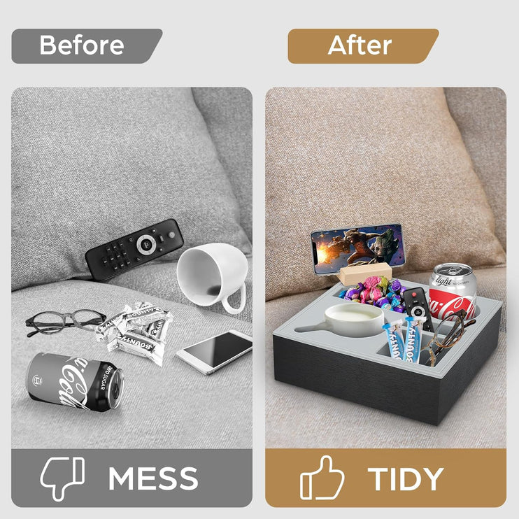 CARLA HOME Wooden Couch Cup Holder Tray with Soft Silicone & Rotatable Phone Holder for Storaging Drinks & Snacks-1978962250844737538