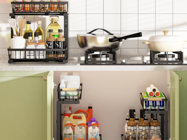 CARLA HOME Set 2 pcs - 2-Tier Kitchen Under Sink Organiser Storage with Height Adjustable, Unique Slide Rail & Suction Cups for Storage-1978962251184476161
