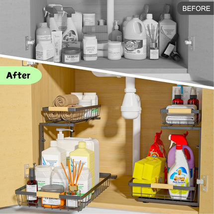 CARLA HOME Set 2 pcs - 2-Tier Kitchen Under Sink Organiser Storage with Height Adjustable, Unique Slide Rail & Suction Cups for Storage-1978962251184476166