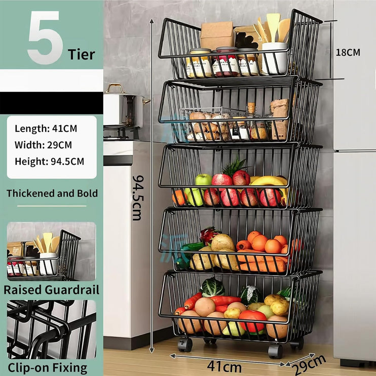 CARLA HOME Metal 5-Tier Rolling Vegetable and Fruit Basket Cart Stand for Kitchen-1978962252740562945