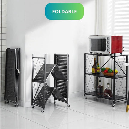 CARLA HOME 3-Tier Foldable Storage Shelf with Wheels for Kitchen, Garage, Pantry or Basement (Black)-1978962252908335107