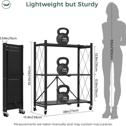 CARLA HOME 3-Tier Foldable Storage Shelf with Wheels for Kitchen, Garage, Pantry or Basement (Black)-1978962252908335109