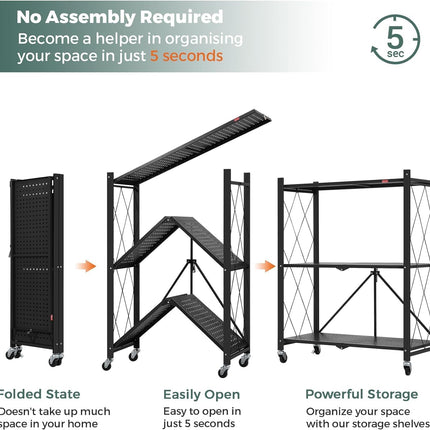 CARLA HOME 3-Tier Foldable Storage Shelf with Wheels for Kitchen, Garage, Pantry or Basement (Black)-1978962252908335110