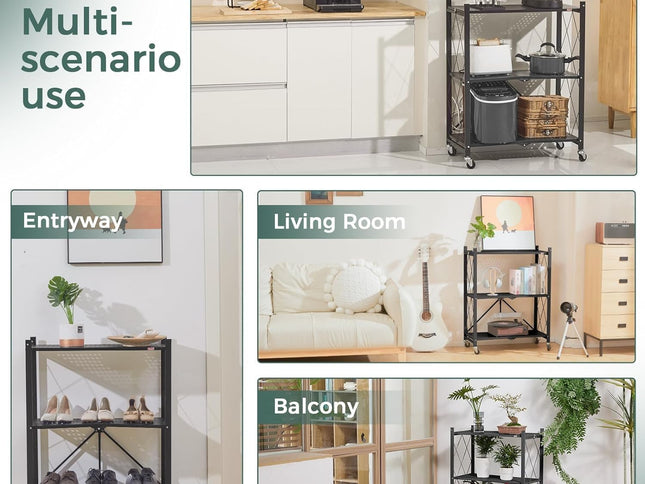 CARLA HOME 4-Tier Foldable Storage Shelf with Wheels for Kitchen, Garage, Pantry or Basement (Black)-1978962253076107265
