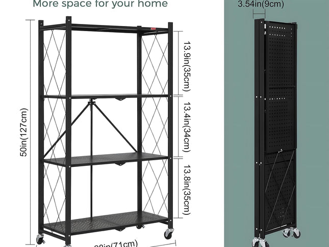 CARLA HOME 4-Tier Foldable Storage Shelf with Wheels for Kitchen, Garage, Pantry or Basement (Black)-1978962253076107266