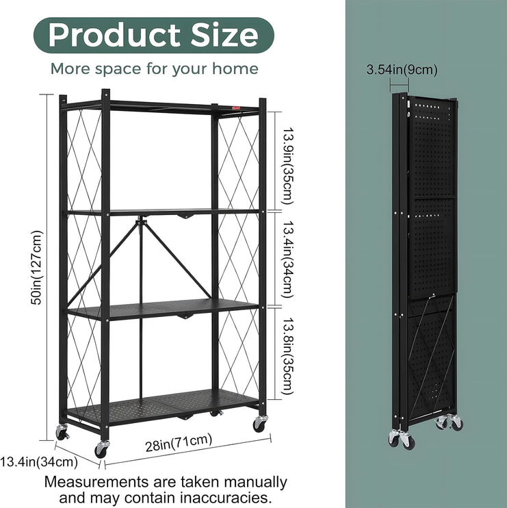 CARLA HOME 4-Tier Foldable Storage Shelf with Wheels for Kitchen, Garage, Pantry or Basement (Black)-1978962253076107266
