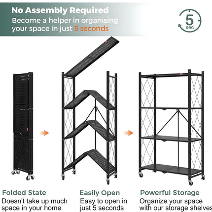 CARLA HOME 4-Tier Foldable Storage Shelf with Wheels for Kitchen, Garage, Pantry or Basement (Black)-1978962253076107267