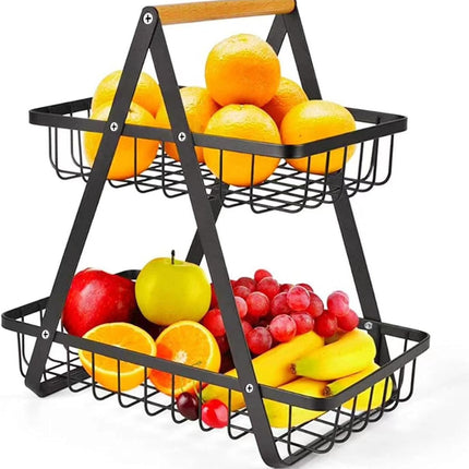 CARLA HOME 2-Tier Fruit Basket Stand for Kitchen Countertop for Fruits, Vegetables, Bread & Snacks with Wooden Handle-1978962253923356672