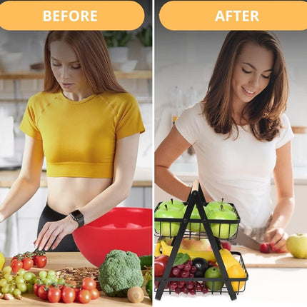 CARLA HOME 2-Tier Fruit Basket Stand for Kitchen Countertop for Fruits, Vegetables, Bread & Snacks with Wooden Handle-1978962253923356674