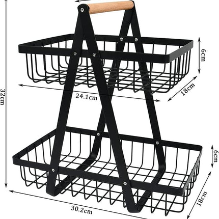 CARLA HOME 2-Tier Fruit Basket Stand for Kitchen Countertop for Fruits, Vegetables, Bread & Snacks with Wooden Handle-1978962253923356675