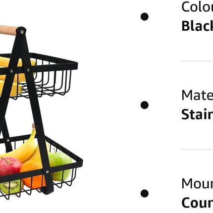 CARLA HOME 2-Tier Fruit Basket Stand for Kitchen Countertop for Fruits, Vegetables, Bread & Snacks with Wooden Handle-1978962253923356678